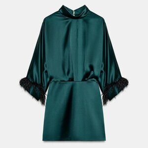ZARA FEATHER SATIN EFFECT SHORT DRESS